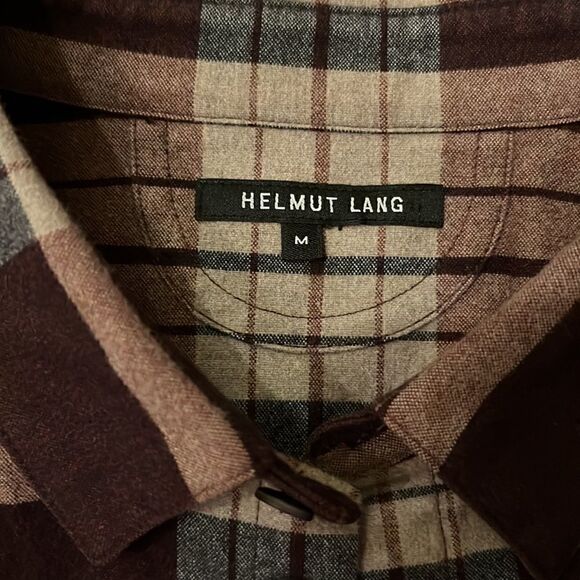 Helmut Lang Mens Burgundy Plaid Flannel Long Hem Button Down Shirt - Picture 3 of 7
